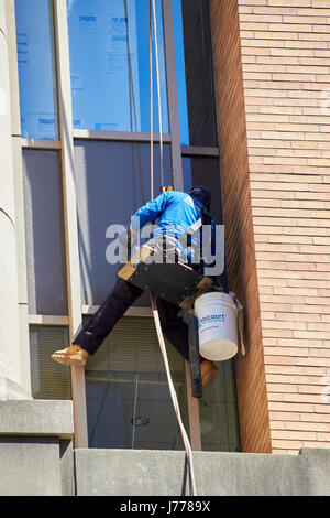 Uomo di pulizia utilizzando Windows calata alle tecniche di cordata Washington DC USA Foto Stock