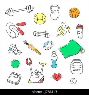 Disegnato a mano scarabocchi fitness. Gruppo isolato Illustrazione Vettoriale