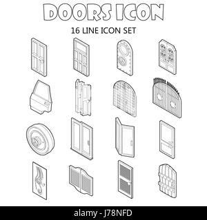 Porta set di icone in stile contorno. Porte per case ed edifici impostare collezione illustrazione vettoriale set di icone in stile. Illustrazione Vettoriale