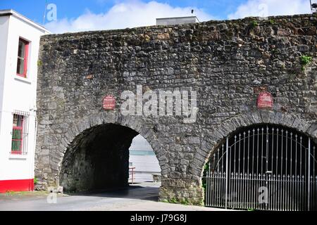 Un segmento della porta spagnola a Galway, nella contea di Galway, Irlanda. Il cancello, costruito nel 1584, l'arco è una estensione della città originaria parete. Foto Stock