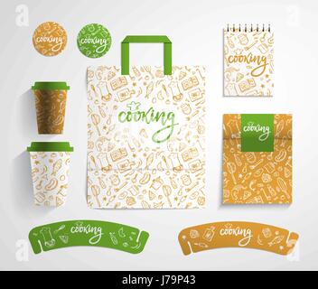 Home panificio identity design con cibo pattern, illustrazione vettoriale. Illustrazione Vettoriale