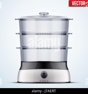 Elettrico originale sistema di cottura a vapore o doppia caldaia. Cucina domestica apparecchi e materiali di consumo. Illustrazione di vettore isolato su sfondo bianco. Illustrazione Vettoriale