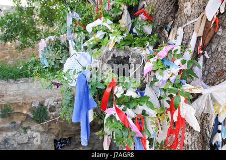 Offerte di personale sulla struttura ad albero a Agia Solomoni catacomba, Paphos, Cipro Foto Stock