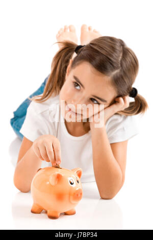 Risparmio monete piggy pensando bambino denaro salvadanaio salvadanaio gesto prestiti bancari Foto Stock