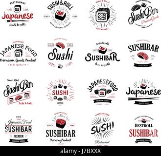 Un grande insieme di vettore i loghi e gli emblemi per i ristoranti di cucina Giapponese in stile retrò con scritte e icone e forma del sushi, roll, bastoncini, nastri e i raggi. Etichetta e illustrazione gruppo. Illustrazione Vettoriale