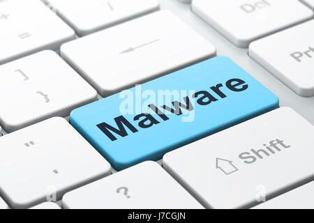 Concetto di sicurezza: il malware sul computer sullo sfondo della tastiera Foto Stock