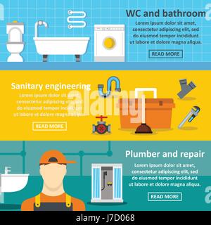 Plumbing service banner orizzontale, di tipo piatto Illustrazione Vettoriale