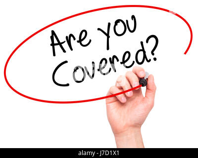 Man mano che scrive è coperto ? Con il pennarello nero su schermo visivo. Isolato su bianco. Business, tecnologia internet concetto. Stock Photo Foto Stock
