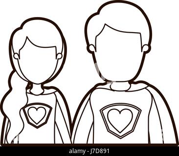 Nere spesse caricatura di contorno senza volto corpo metà coppia giovane femmina e maschio super eroe con il simbolo del cuore in uniforme Illustrazione Vettoriale
