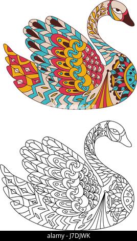 Colorazione stampabile pagina del libro per adulti - design swan, attività per i bambini di età superiore e adulti relax. Due versioni di contorno colorato Illustrazione Vettoriale