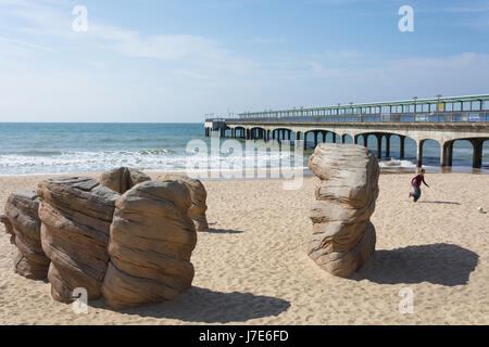 Vista sulla spiaggia e Bournemouth Pier, Boscombe, Bournemouth Dorset, England, Regno Unito Foto Stock