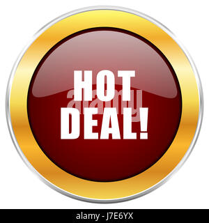 Hot deal rosso icona web con bordo dorato isolati su sfondo bianco. Round pulsante lucida. Foto Stock