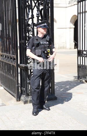 Londra, Regno Unito. 25 maggio 2017. La polizia di guardia in Whitehall godetevi il sole come superiore a temperature normali sono impostati per continuare per il resto della settimana Credito: Keith Larby/Alamy Live News Foto Stock