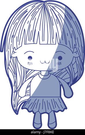 Ombreggiatura blu silhouette di kawaii piccola ragazza con i capelli lunghi e espressione facciale esaurito Illustrazione Vettoriale