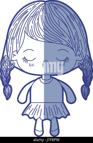 Ombreggiatura blu silhouette di kawaii bambina con capelli intrecciati ed espressione facciale disgusto Illustrazione Vettoriale