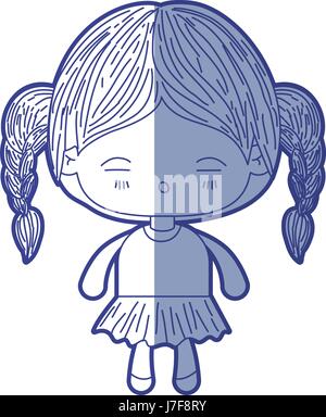 Ombreggiatura blu silhouette di kawaii bambina con capelli intrecciati e l'espressione del viso stanco Illustrazione Vettoriale