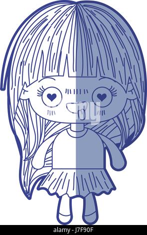 Ombreggiatura blu silhouette di kawaii piccola ragazza con i capelli lunghi e l'espressione del viso innamorato Illustrazione Vettoriale