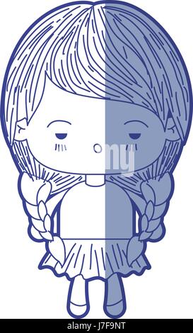 Ombreggiatura blu silhouette di kawaii bambina con capelli intrecciati ed espressione facciale premuto Illustrazione Vettoriale