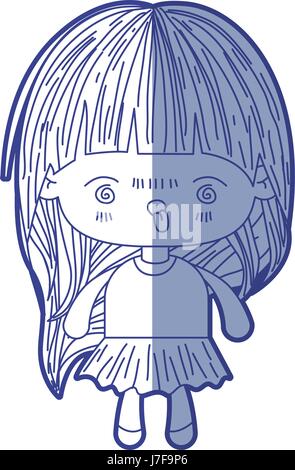 Ombreggiatura blu silhouette di kawaii piccola ragazza con i capelli lunghi e espressione facciale furiosa Illustrazione Vettoriale