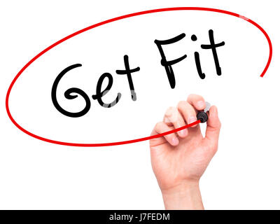 L'uomo la scrittura a mano per ottenere la misura con il pennarello nero su schermo visivo. Isolato su sfondo. Business, tecnologia internet concetto. Stock Photo Foto Stock