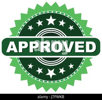 Guarnizione approvati, verde timbro arrotondato con alcune stelle e scrivere approvato il centro, timbro di approvazione. Illustrazione Vettoriale
