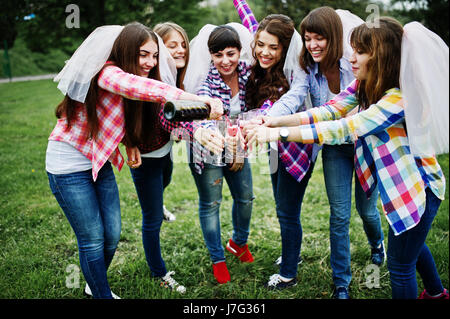 Sei ragazze a camicie a scacchi bevendo champagne sul partito di gallina. Un gruppo di ragazze felici. Foto Stock