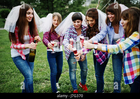 Sei ragazze a camicie a scacchi bevendo champagne sul partito di gallina. Un gruppo di ragazze felici. Foto Stock