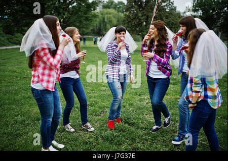 Sei ragazze a camicie a scacchi bevendo champagne sul partito di gallina. Un gruppo di ragazze felici. Foto Stock