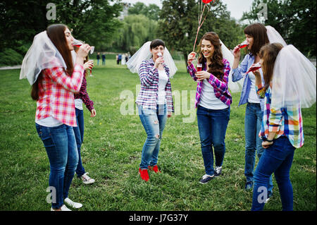 Sei ragazze a camicie a scacchi bevendo champagne sul partito di gallina. Un gruppo di ragazze felici. Foto Stock