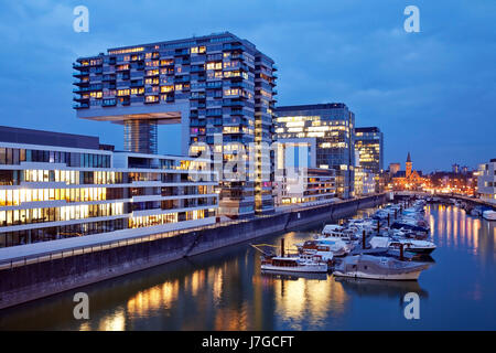 Case di gru al tramonto, Rheinauhafen, Colonia, nella Renania, Nord Reno-Westfalia, Germania Foto Stock