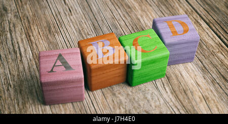 Il concetto di scuola - abcd lettere su blocchi di legno. 3d illustrazione Foto Stock