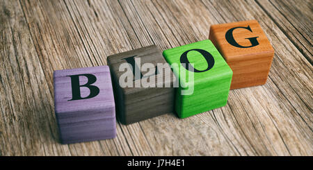 Blog di parola su blocchi di legno e lo sfondo di legno. 3d illustrazione Foto Stock