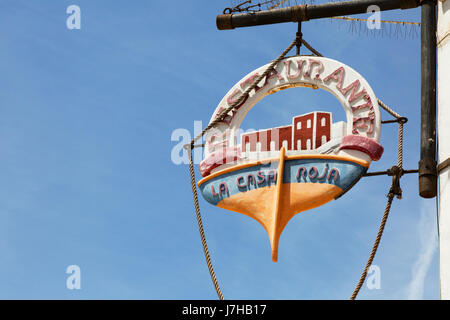 Lanzarote restaurant sign - Restaurante La Casa Roja, Puerto del Carmen, Lanzarote, Isole Canarie Foto Stock