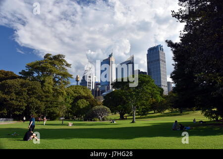 Sydney, Australia - 23 Apr, 2017. Vista di Sydney skyline dalla Royal Botanic Garden. Foto Stock