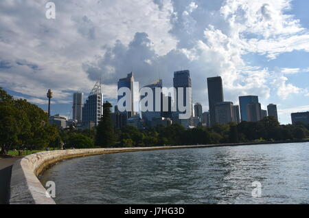 Vista di Sydney skyline di Sydney e il Sydney Harbour dalla Royal Botanic Garden. Foto Stock