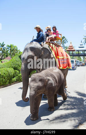 CHOLBURI THAILANDIA - AGOSTO11 : I bambini e la famiglia di equitazione elefante sul retro e camminare Saun Nongnuch Park importante pietra miliare in visita in Chonbu Foto Stock