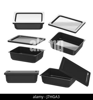 Rettangolo nero contenitore in plastica per la produzione di alimenti come i cibi freschi, convenience food o alimenti congelati. Modello per la progettazione o illustrazione, clipping Foto Stock