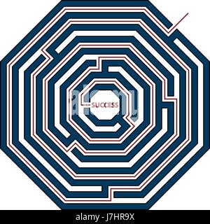 Illustrazione vettoriale di un labirinto di ottagono con la soluzione come una linea rossa per il successo. Labirinto isolato su sfondo bianco. Illustrazione Vettoriale
