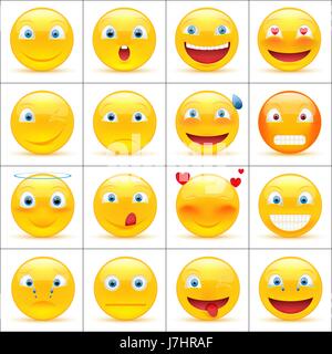 Set di emoticon, smile icone o giallo con Emoji differenti espressioni facciali in finitura lucida 3D realistici, isolati su sfondo bianco. Illustrazione Vettoriale