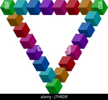Il triangolo di Penrose costruito con un sacco di vettore colorati blocchi. Cubi isometrica per impossibile 3d progettazione. Oggetto matematico con trucco mentale. 0 Illustrazione Vettoriale