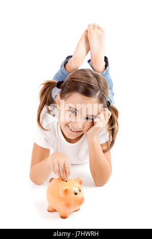 Risparmi kid piggy bambino ragazza ragazze soldi salvadanaio salvadanaio banca gesto Foto Stock