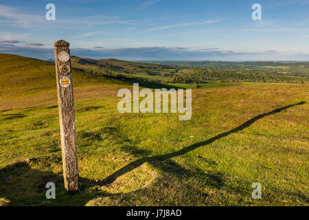 Waymarker post sulla sommità della collina Ragleth, vicino a Church Stretton, Shropshire, Inghilterra Foto Stock