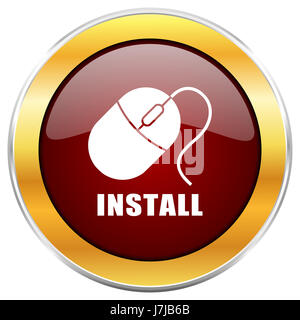 Installare red icona web con bordo dorato isolati su sfondo bianco. Round pulsante lucida. Foto Stock