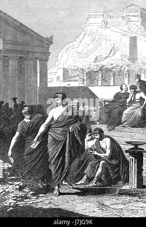 L'ostracismo di Aristide 530-468 BC, un antico statista ateniese Foto Stock