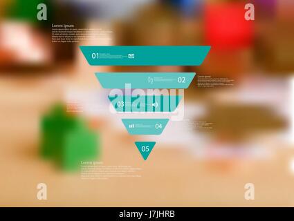 Illustrazione modello infografico con motivo del triangolo divisa orizzontalmente per cinque standalone sezioni blu con un semplice segno, numero di campione e tex Illustrazione Vettoriale
