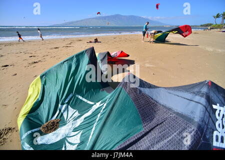 Surf & Kitesurf sono popolari ricreazioni a Maui nelle Hawaii. Le onde possono ottenere enormi e il vento fornisce eccitazione Foto Stock