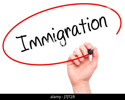 Man mano che scrive l'immigrazione con pennarello nero su schermo visivo. Isolato su bianco. Business, tecnologia internet concetto. Stock Photo Foto Stock