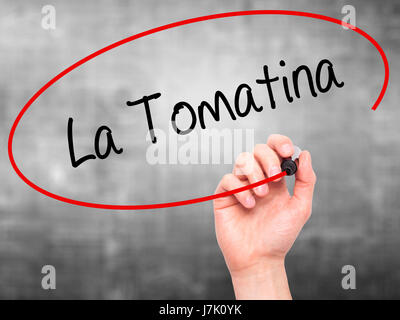Man mano che scrive La Tomatina con pennarello nero su schermo visivo. Isolato su grigio. Business, tecnologia internet concetto. Foto Stock
