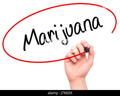 Man mano che scrive di Marijuana con pennarello nero su schermo visivo. Isolato su bianco. Business, tecnologia internet concetto. Stock Photo Foto Stock