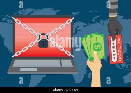 Vittima mano lo scambio di denaro per Password bandito in mano per sbloccare il portatile. Illustrazione circa gli hacker riscatto della domanda di pagamento. Illustrazione Vettoriale